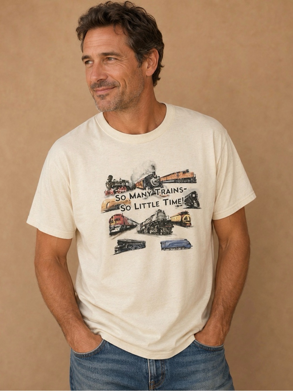 Men's Cotton Graphic Short Sleeve T-Shirt So Many Trains So Little Time Large